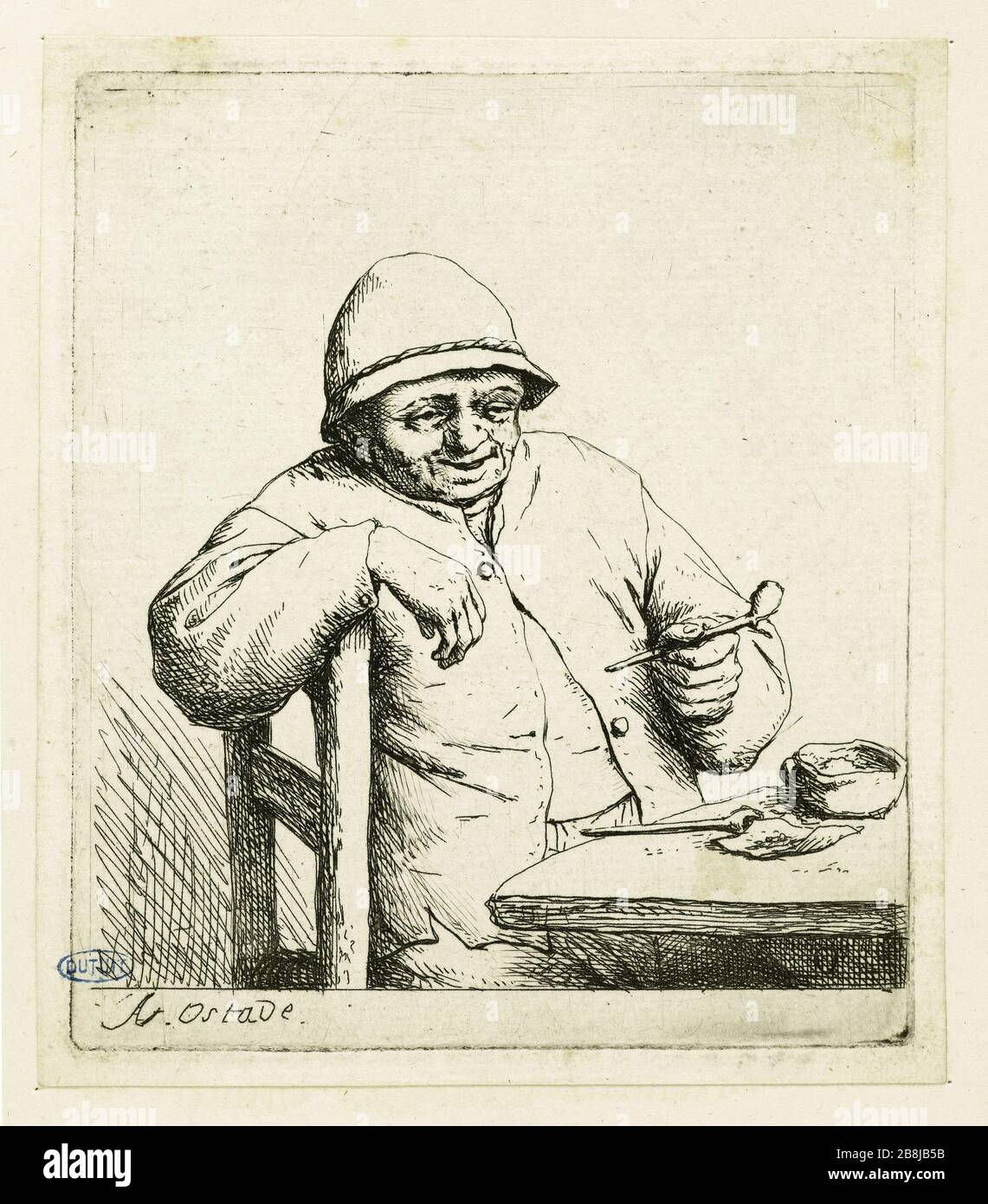 Le Smoking riant (Bartsch 6) Adriaen Van Ostade (1610-1685). Le fumeur riant (Bartsch 6). Eau-forte, vers 1652 Foto Stock