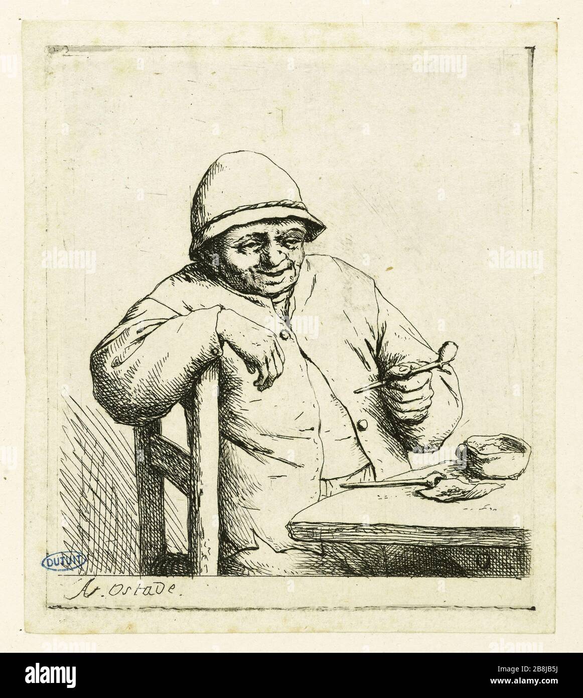 Le Smoking riant (Bartsch 6) Adriaen Van Ostade (1610-1685). Le fumeur riant (Bartsch 6). Eau-forte, vers 1652. Musée des Beaux-Arts de la Ville de Paris, Petit Palais. Foto Stock