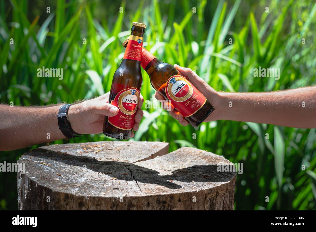 Due uomini brindisi con le bottiglie fredde di birra Amstel Foto Stock