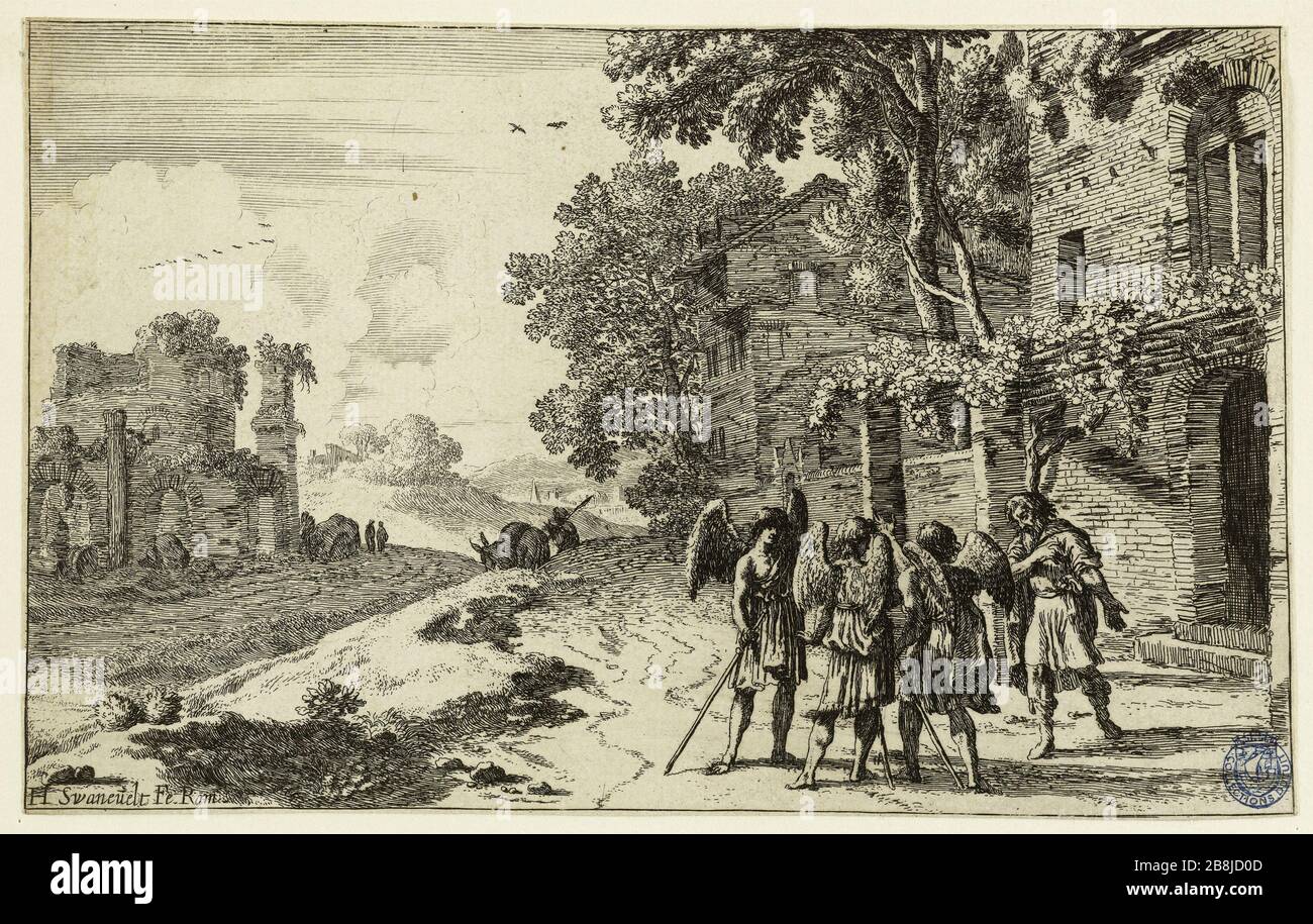 Abramo invita i tre angeli nella sua casa (Bartsch 66) Herman van Swanevelt (1600-1655). "Abraham invitate les trois anges à entrer dans sa maison (Bartsch 66)". Eau-forte, XVIIème siècle. Musée des Beaux-Arts de la Ville de Paris, Petit Palais. Foto Stock