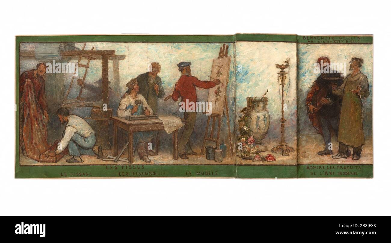 Tessuti. Benvenuto Cellini ammira i prodotti dell'arte moderna Edmond Eugène Valton (1836-1910). 'Esquisse pour l'Ecole de la rue Dombasle. Les tissus. Benvenuto Cellini (1500-1571), artiste italien, ammira le produits de l'art moderne. Huile sur toile, 1880-1887. Musée des Beaux-Arts de la Ville de Paris, Petit Palais. Foto Stock