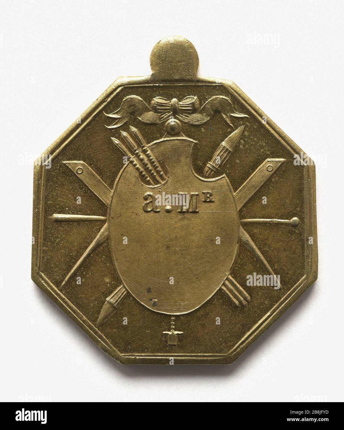 Trade Union House of Orleans paint contractors, fondata il 3 giugno 1849 (titolo fittizio) Médaille de la chambre syndicale des entrepreneurs de peintures d'Orléans, fondée le 3 juin 1849. Cuivre doré, après 1848. Parigi, musée Carnavalet. Foto Stock