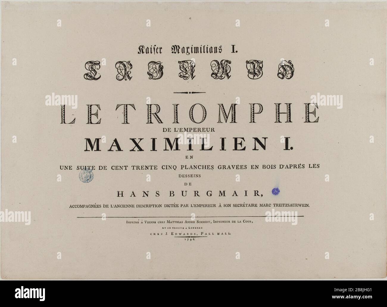 Il Trionfo dell'Imperatore Massimiliano i in una serie di centotrentacinque tavole incise in legno su disegni di Hans Burgkmair, accompagnato dalle vecchie descrizioni dettate dall'Imperatore al suo segretario Marc Treitzsaurwein: Secondo titolo (Dornik- Eger 36, Bartsch 81) Hans Burgkmair, dit l'Ancien (1473-1531). Le Triomphe de l'Empereur Maximilien Ier en une suite de cent trente cinq planches gravées en bois d'après les desseins de hans Burgkmair, accompagnée de l'ancienne description dictée par l'Empereur à son secrétaire Marc Treitzsaurwein : Deuxième (Dornik-81 Bartiter) 36 Foto Stock