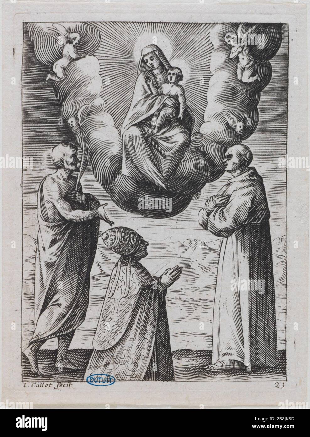 Tavole di Roma, Papa Bonifacio VIII con San Francesco e San Crespin adorando la Madonna col Bambino (Lieure 19 Meaume 170) Jacques Callot (1592-1635). 'Les Tableaux de Rome, le Pape Bonifacio VIII avec Saint François et Saint Crespin adorant la Sainte Vierge et l'Enfant Jésus ( Lieure 19, Meaume 170). Burin. 1608-1611. Musée des Beaux-Arts de la Ville de Paris, Petit Palais. Foto Stock