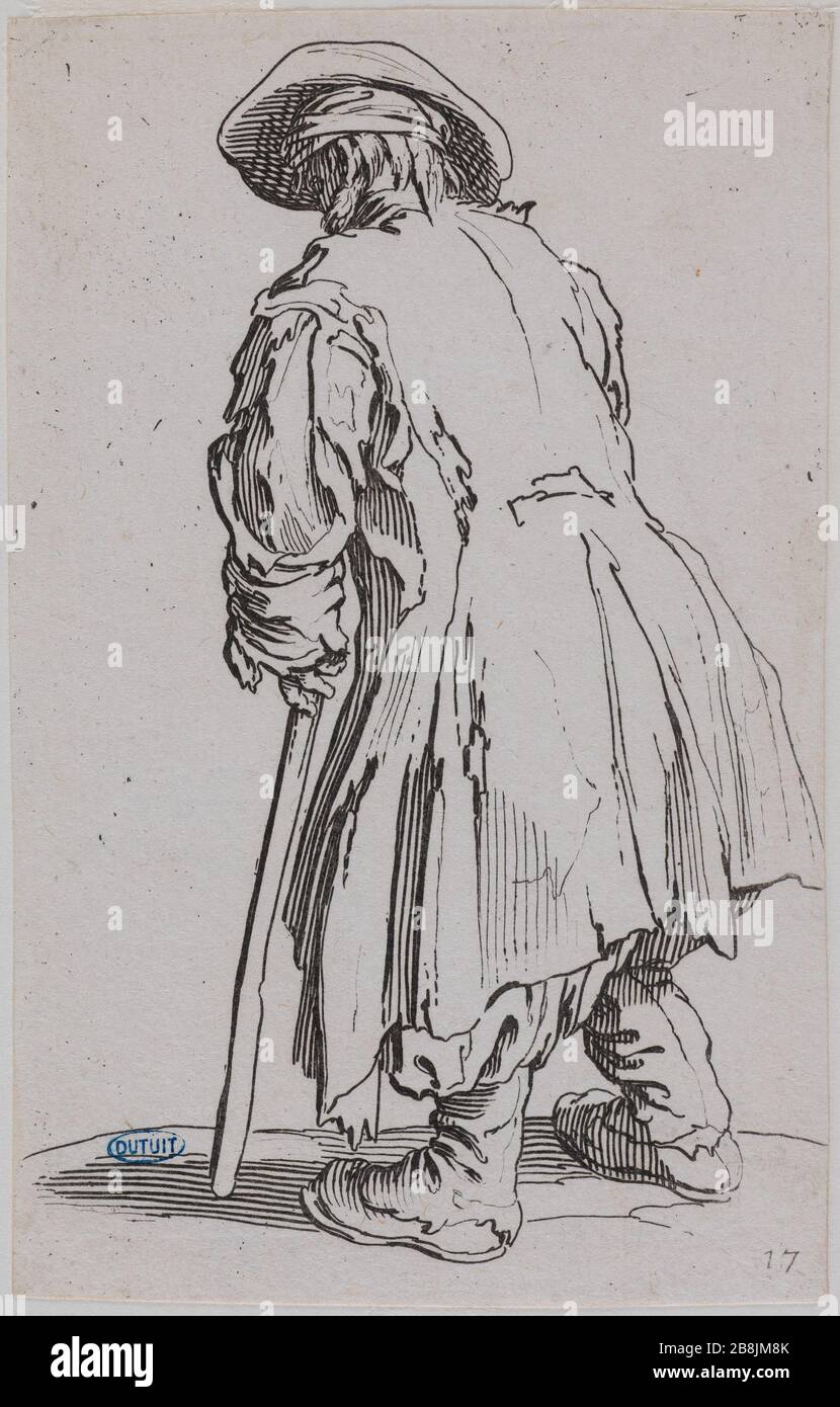 I Beggars, il vecchio mendicante con un singolo crutch. Diciassettesimo numero di una sequenza di 25 pezzi (Lieure 495 Meaume 701) Jacques Callot (1592-1635). 'Les Gueux, le Vieux mendiant à une seule béquille. Dix-septième numéro d'une suite de 25 pièces' (Lieure 495, Meaume 701). Eau-forte. 1622-1623. Musée des Beaux-Arts de la Ville de Paris, Petit Palais. Foto Stock
