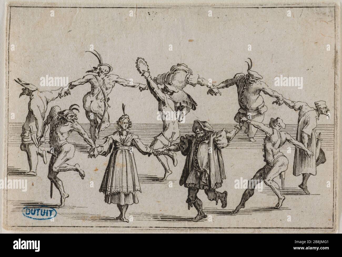 Il Caprichos, la Ronde. Decimo numero in sequenza di 50 pezzi incisi Nancy (Lieure 437, Meaume 787) Jacques Callot (1592-1635). "Les Caprices, la Ronde. Dixième numéro de la suite de 50 pièces gravée à Nancy' (Lieure 437, Meaume 787). Eau-forte. 1621. Musée des Beaux-Arts de la Ville de Paris, Petit Palais. Foto Stock
