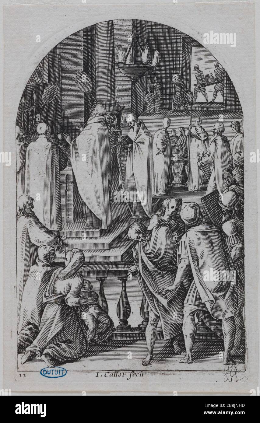Tavole di Roma, San Basilio celebra il sacrificio della Messa Jacques Callot (1592-1635). "Les Tableaux de Rome, Saint Basile célébrant le sacrifice de la messe". Burin. 1608-1611. Musée des Beaux-Arts de la Ville de Paris, Petit Palais. Foto Stock