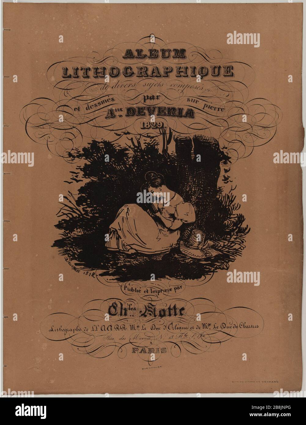 Album litografici di varie mescole e soggetti disegnati su pietra da Achille Deveria 1829. Giovane donna seduta sotto un albero, leggendo un cappello posto a terra accanto a lei. (Copertina) Achille Deveria (1800-1857). Album Lithographique de Divers sujets composés et dessinés sur pierre. Jeune femme assise au pied d'un arbre, lisant, un chapeau posé à terre à côté d'elle (pagina de couverture). Lithographie su papier beige, 1829. Parigi, musée Carnavalet Foto Stock