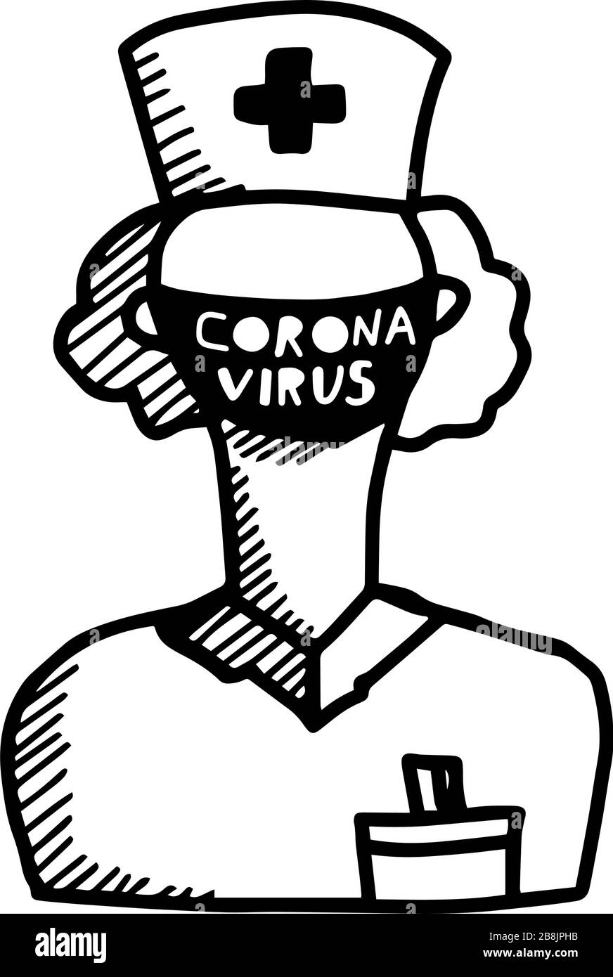 Medico in maschera medica in stile doodle isolato su sfondo bianco. Illustrazione del segno di contorno del vettore. COVID-19 pandemico del virus Corona. Quarantena. Sur Illustrazione Vettoriale