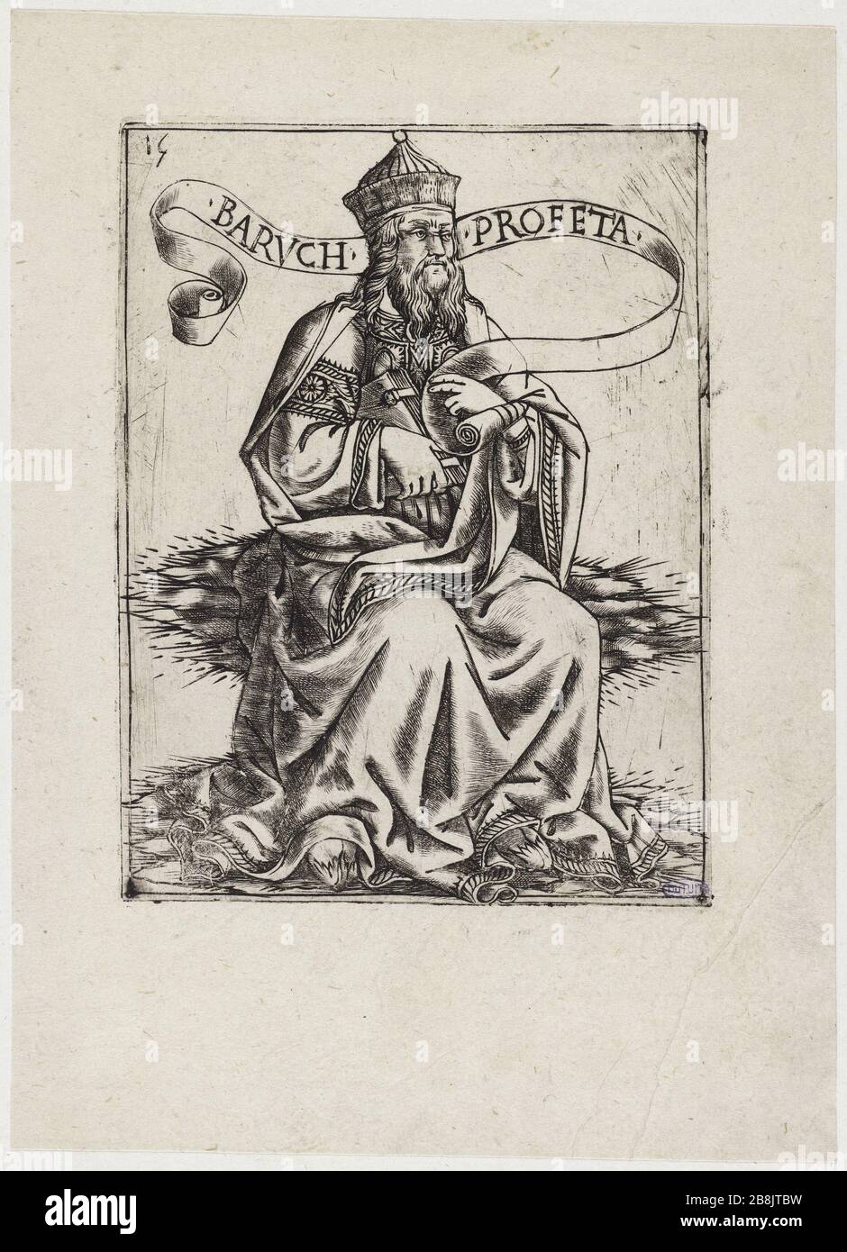 I Profeti, Baruch. Undicesimo numero di una sequenza di 24 pezzi (Bartsch 11) Baccio Baldini (1436-1487). "Les Prophètes, Baruch". Onzième numéro d'une suite de 24 pièces (Bartsch 11). Burin. 1450-1485. Musée des Beaux-Arts de la Ville de Paris, Petit Palais. Foto Stock