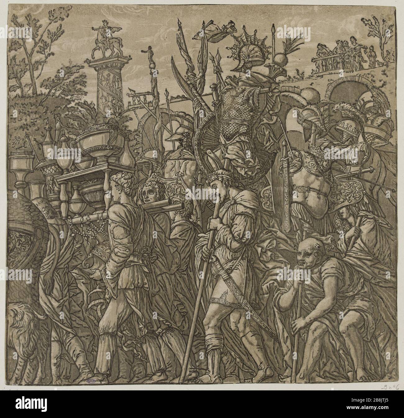 Il Trionfo di Giulio Cesare di Mantegna uomini che indossano vasi su una barella seguita da altri uomini che portano trofei di armi attaccati ad un bastone (Bartsch, Volume XII, Sezione 6, No. 11 ) Andrea Andreani (actif à Mantoue vers 1540-1623). 'Le Triomphe de Jules César', d'après Mantegna : Des hommes portant des vases sur un brancard suivis par d'autres hommes qui portent des trophées d'armes attachés au bout d'un bâton (Bartsch, tomé XII, sezione 6, n°11). Bois en couleur. 1599. Musée des Beaux-Arts de la Ville de Paris, Petit Palais. Foto Stock