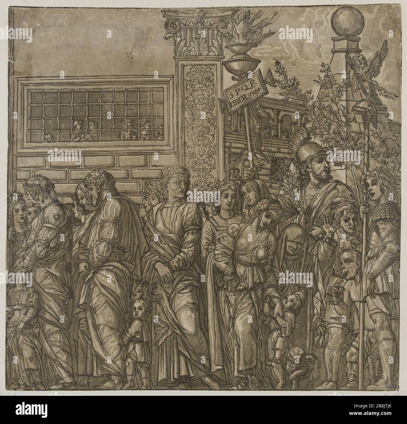 Il Trionfo di Giulio Cesare di Mantegna, passeggiata di uomini e donne con bambini e seguito da un guerriero che porta uno staff sormontato da una torcia e una tavoletta (Bartsch, Volume XII, Sezione 6, N. 11) Andrea Andreani (actif à Mantoue vers 1540-1623). 'Le Triomphe de Jules César', d'après Mantegna : Marche d'hommes et de femmes accompagnés d'enfants et suivis d'un guerrier qui porte un bâton surmonté d'une torche et d'une tablette (Bartsch, tome XII, sezione 6, n°11). Bois en couleur. 1599. Musée des Beaux-Arts de la Ville de Paris, Petit Palais. Foto Stock