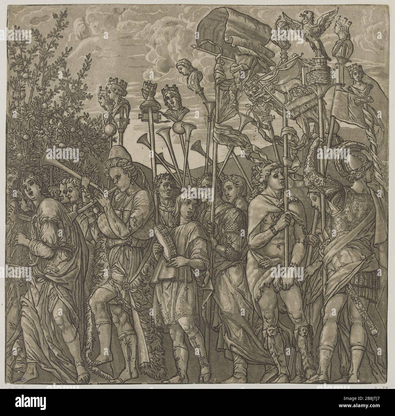 Il Trionfo di Giulio Cesare di Mantegna Guerrieri con aquile e bandiere preceduti da diversi musicisti (Bartsch, Volume XII, Sezione 6, N. 11) Andrea Andreani (actif à Mantoue vers 1540-1623). "Le Triomphe de Jules César", d'après Mantegna : Des guerriers portant des aigles et des drapieaux précédés par plusieurs musiciens (Bartsch, tomé XII, sezione 6, n°11). Bois en couleur. 1599. Musée des Beaux-Arts de la Ville de Paris, Petit Palais. Foto Stock