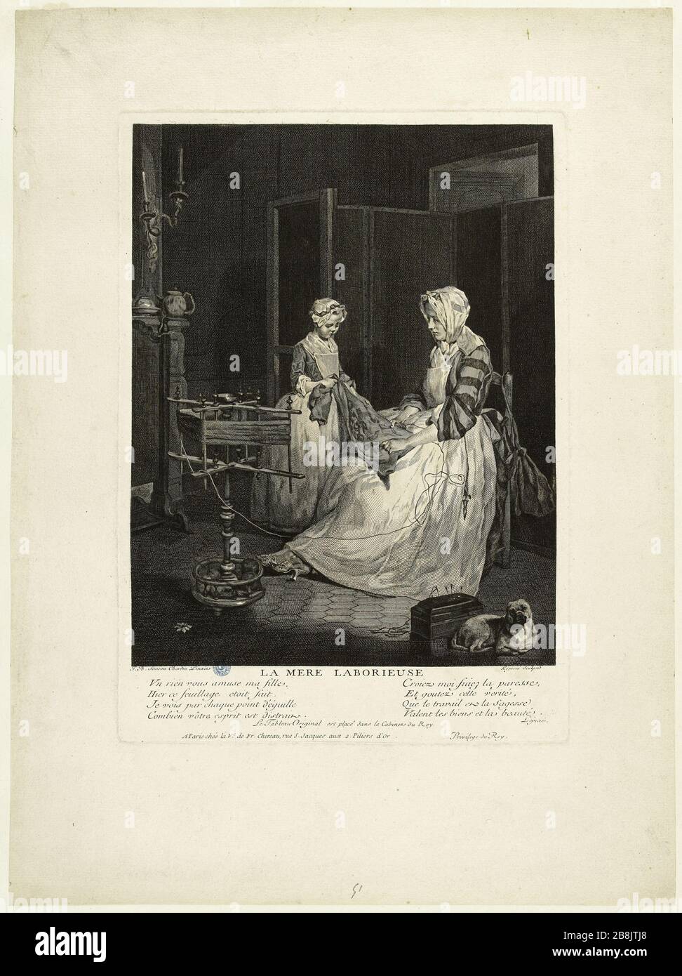 La diligente Madre dopo Chardin (Bocher 35, Marianne Roland Michel XIV pag. 275) Nicolas-Bernard Lépicié (1735-1784). La Mère laborieuse d'après Chardin (Bocher 35; Marianne Roland Michel XIV pag. 275). Burin, 1740. Musée des Beaux-Arts de la Ville de Paris, Petit Palais. Foto Stock