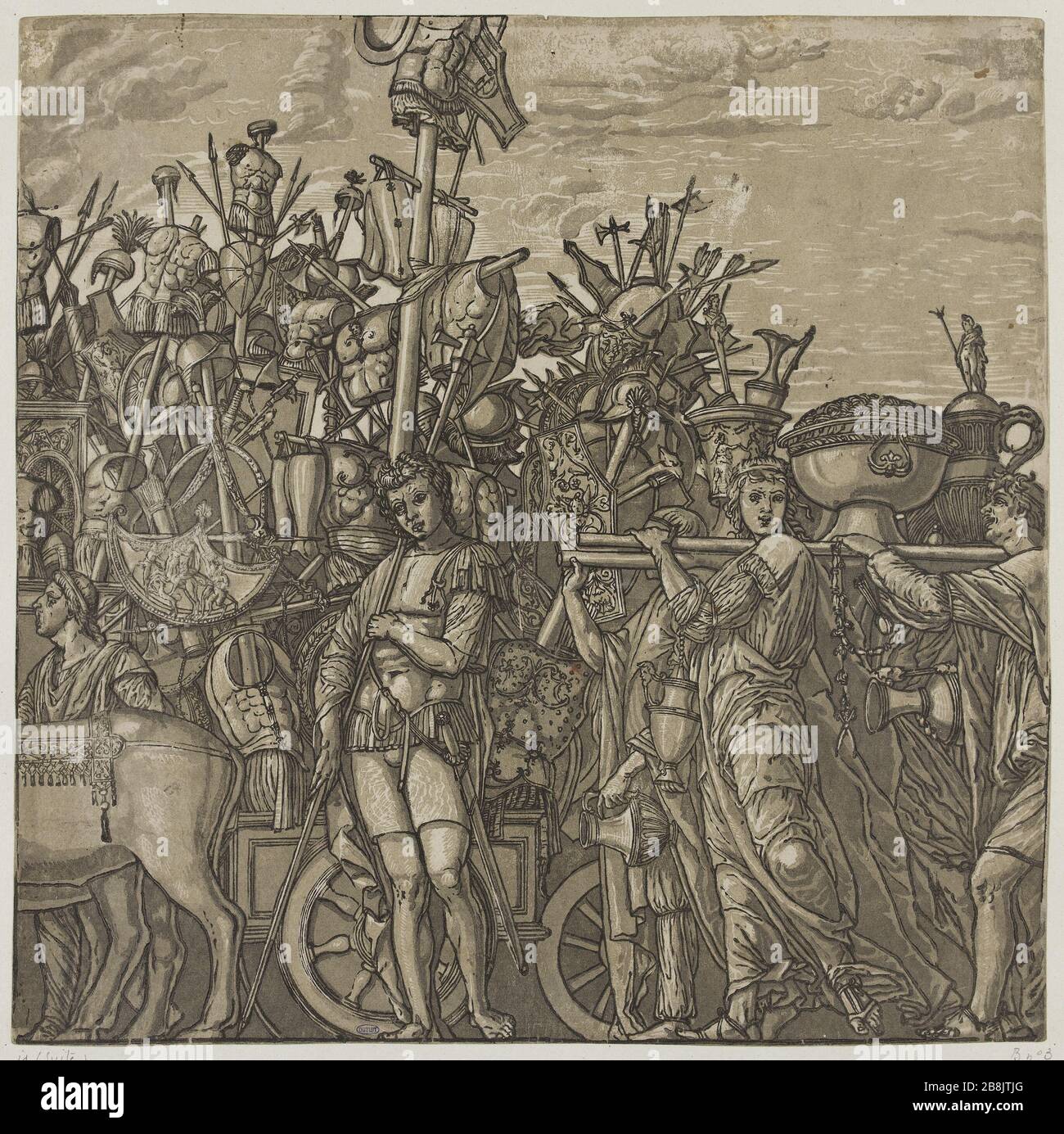 Trionfo di Giulio Cesare di Mantegna, galleggiante decorato con trofei accompagnati da un soldato con una lancia e quattro uomini in vasi su una barella (Bartsch, Vol XII, Sezione 6, No. 11) Andrea Andreani (actif à Mantoue vers 1540-1623). "Le Triomphe de Jules César", d'après Mantegna : un char orné de trophées accompagné d'un soldat armé d'une hallebarde et quatre hommes portant des vases sur un brancard (Bartsch, tomé XII, sezione 6, n°11). Bois en couleur. 1599. Musée des Beaux-Arts de la Ville de Paris, Petit Palais. Foto Stock