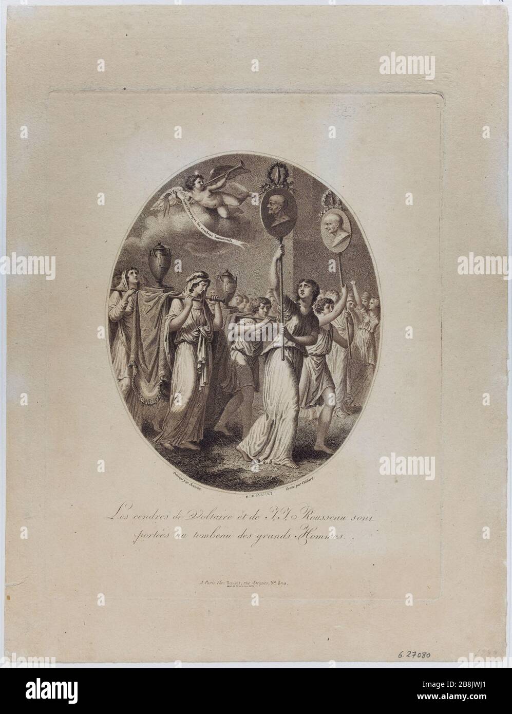 Le ceneri di Voltaire e Jean-Jacques Rousseau sono portate alle tombe dei grandi uomini Colibert et Louis-Simon Boizot (1743-1809). "Les cendres de Voltaire et de Jean-Jacques Rousseau sont portées aux tombeaux des grands Hommes". Eau-forte. Parigi, Musée Carnavalet. Foto Stock