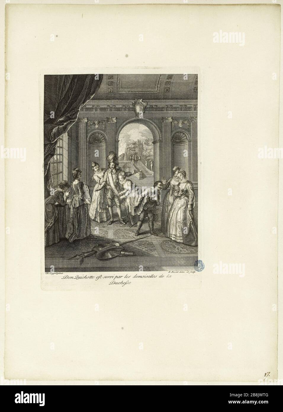 Storia di Don Chisciotte dopo Charles Antoine Coypel, Don Chisciotte è servito dalla duchessa delle Signore (diciassettesimo numero di una serie di 31 pezzi) Bernard Picart (1673-1733). Histoire de Don Quichotte d'après Charles Antoine Coypel, Don Quichotte est servi par les demoiselles de la duchesse (Dix-septième numéro d'une suite de 31 pièces). Burin, 1746. Musée des Beaux-Arts de la Ville de Paris, Petit Palais. Foto Stock