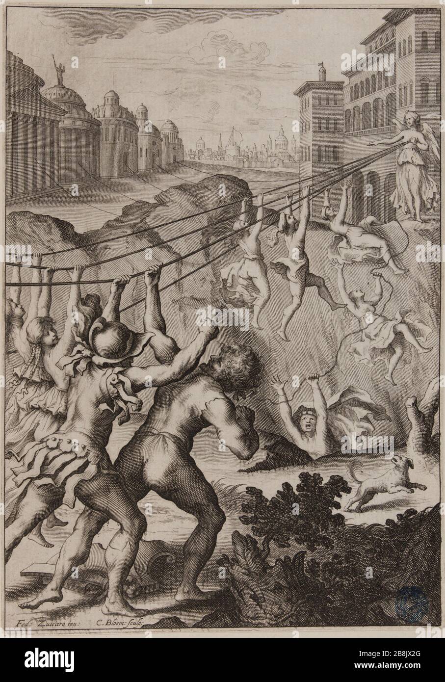 Uomini e donne di diverse età che cercano di ottenere la virtù dopo Federico Zuccaro (Dutuit p. 40, le Blanc 220) Cornelis II Bloemaert, dit le Jeune (1603-1692). Des Hommes et des femmes de différents âges s'efforçant d'ariver jusqu'à la vertu d'après Federico Zuccaro (Dutuit p. 40, le Blanc 220). Burin, siècle XVIIe. Musée des Beaux-Arts de la Ville de Paris, Petit Palais. Foto Stock