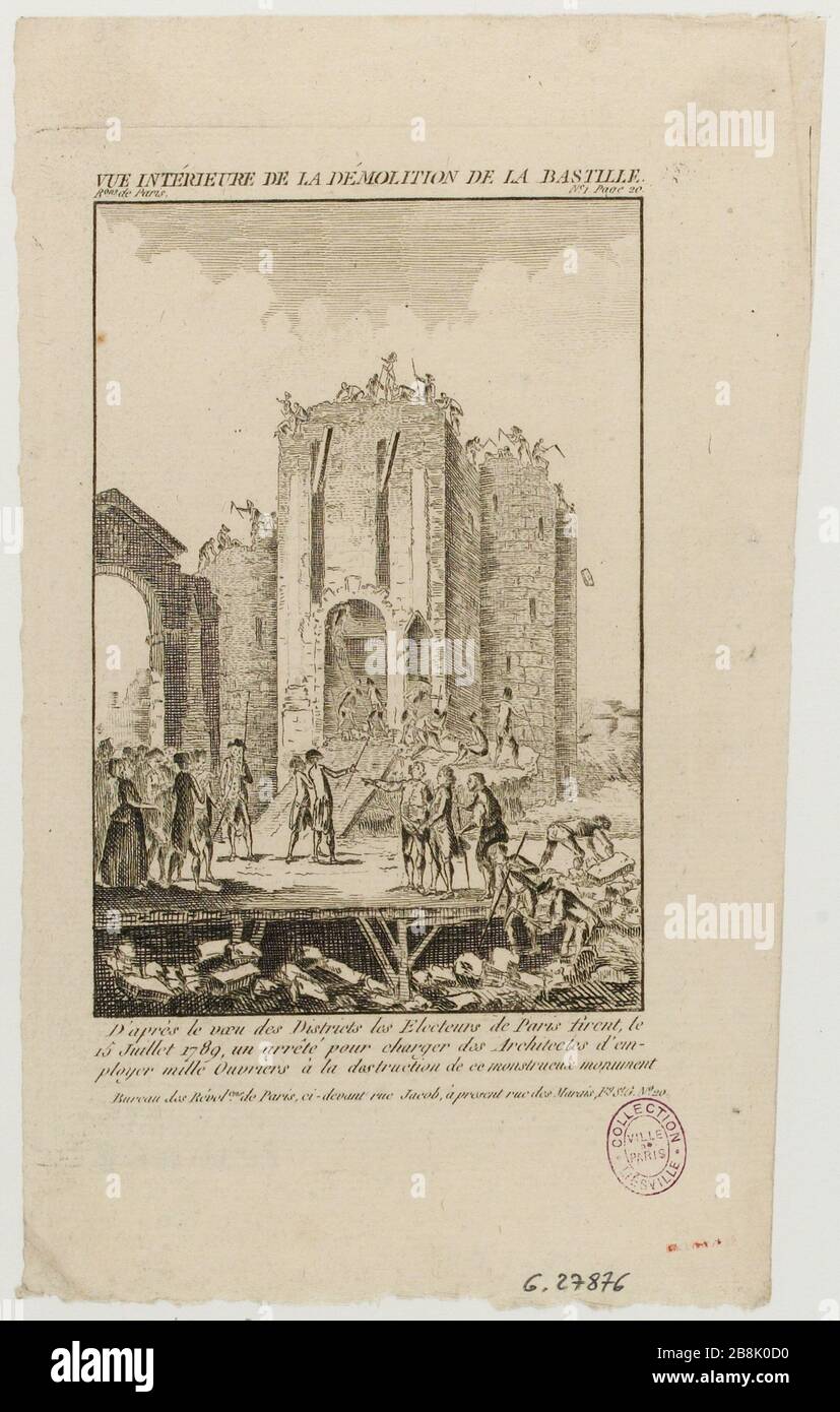 Demolizione della Bastiglia, vista del ponte levatoio e una porta, circa il 17 luglio 1789. Giornale di Parigi rivoluzioni, n.1, pagina 20. (titolo fittizio) Foto Stock