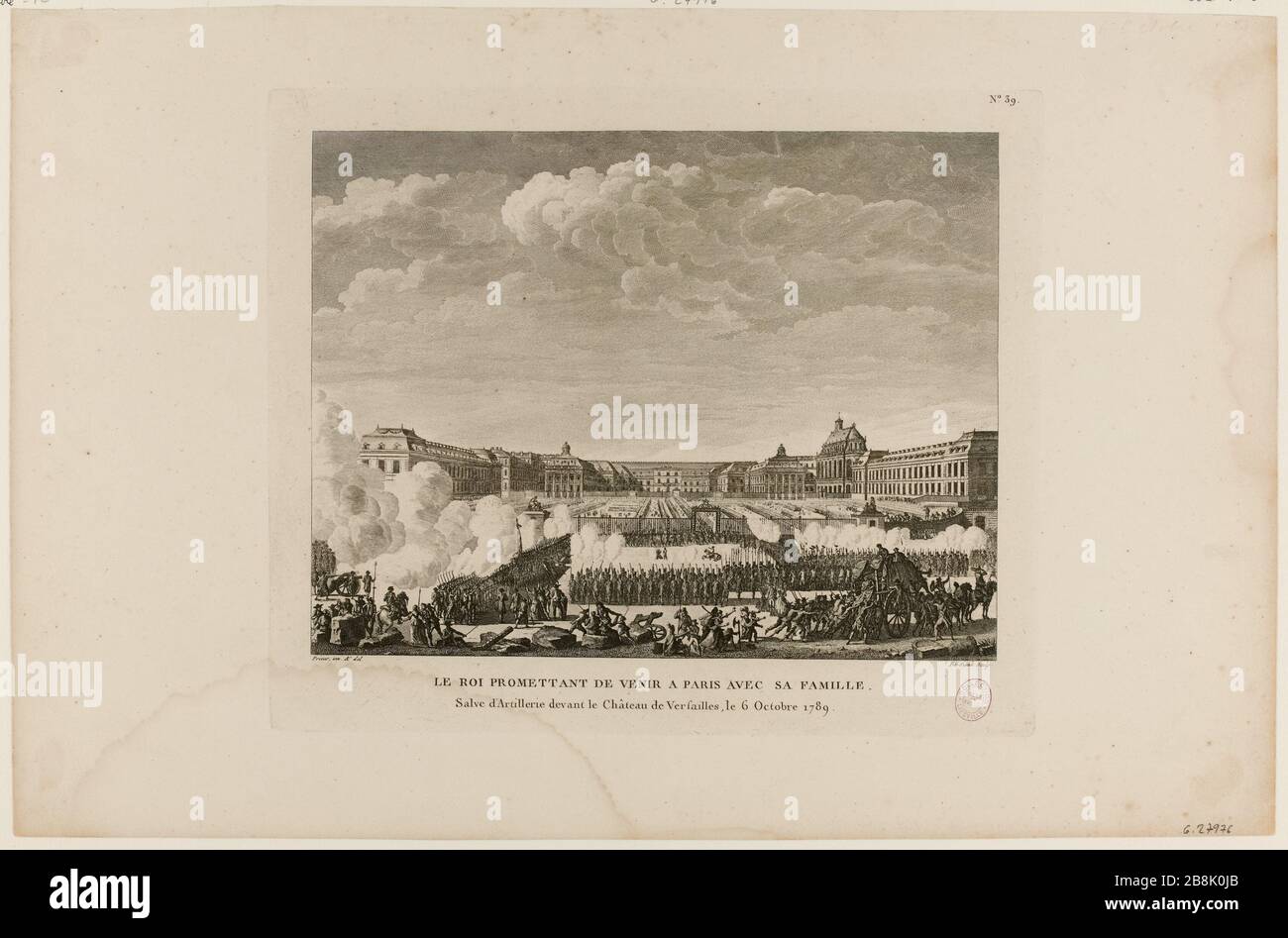 Salvo sparò a Versailles il posto delle armi d'artiglieria, l'annuncio della partenza della famiglia reale a Parigi, 6 ottobre 1789. 30a tavola (numerata Nº39) tavole storiche della Rivoluzione Francese (1791-1817) . (titolo fittizio) Foto Stock