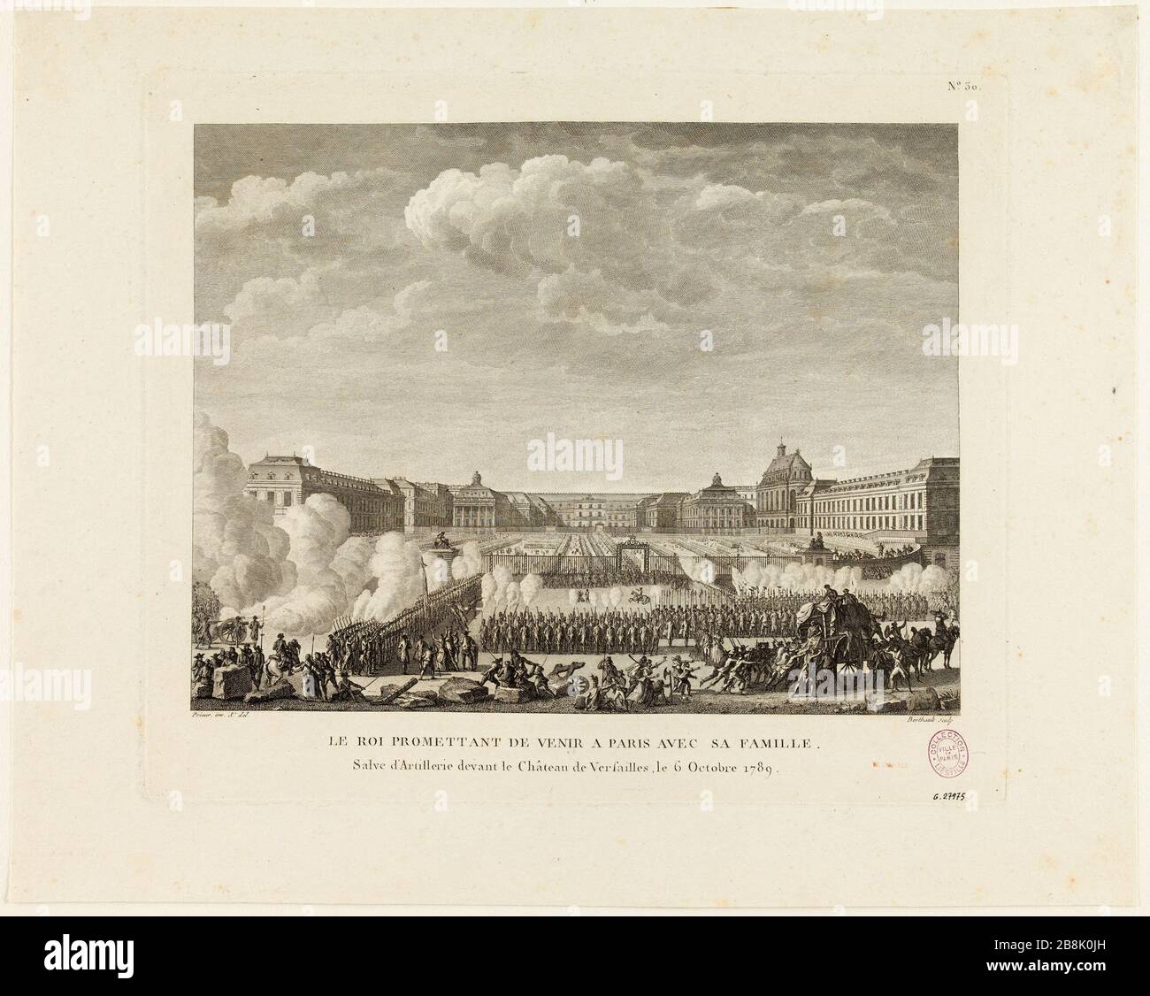 Salvo sparò a Versailles il posto delle armi d'artiglieria, l'annuncio della partenza della famiglia reale a Parigi, 6 ottobre 1789. 30th grafico tabelle storiche della Rivoluzione francese (1791-1817). Prieur, Jean-Louis. 'Salve d'artillerie tirée place d'arme, au château de Versailles, à l'annonce du départ de la famille royale pour Paris, 6 ottobre 1789. 30ème tableau des Tableaux historiques de la Révolution française (1791-1817)'. Eau-forte. en1789-1789. Parigi, musée Carnavalet. Foto Stock