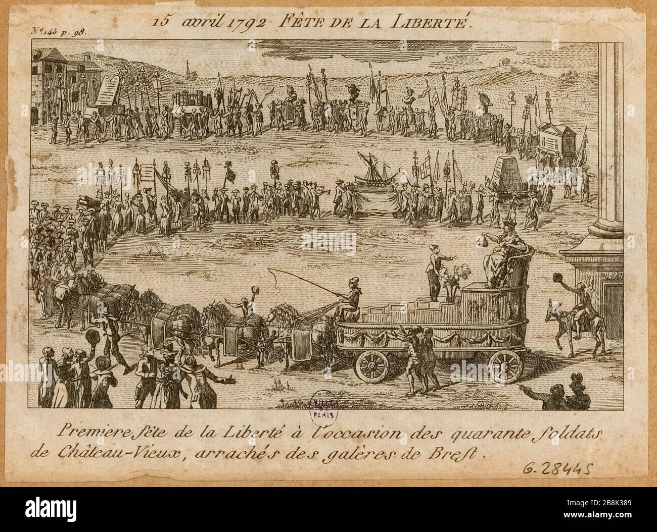 Rivoluzione francese: Prima Giornata della libertà in onore della liberazione di quaranta soldati svizzeri di Chateau-Vieux, inviati alle galere in seguito al mutamento del caso di Nancy (agosto-settembre 1790). 15 aprile 1792. Trono di barriera a Champ de Mars. Nº145 de Revolutions Paris giornale Prud'homme, 1792 (titolo fittizio) Foto Stock