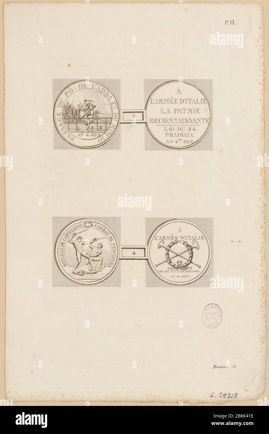 Riproduzione di 2 médailles commemoratives des campagnes d'Italie, nº3-4 (droit et revers) in frappées an IV les arcades du successivamente, l'Adda e il Mincio (30 maggio 1796); les batailles Hotel e Peschiera (5 e 6 agosto 1796). Rivoluzionato, Directoire. (Titolo factice) Foto Stock