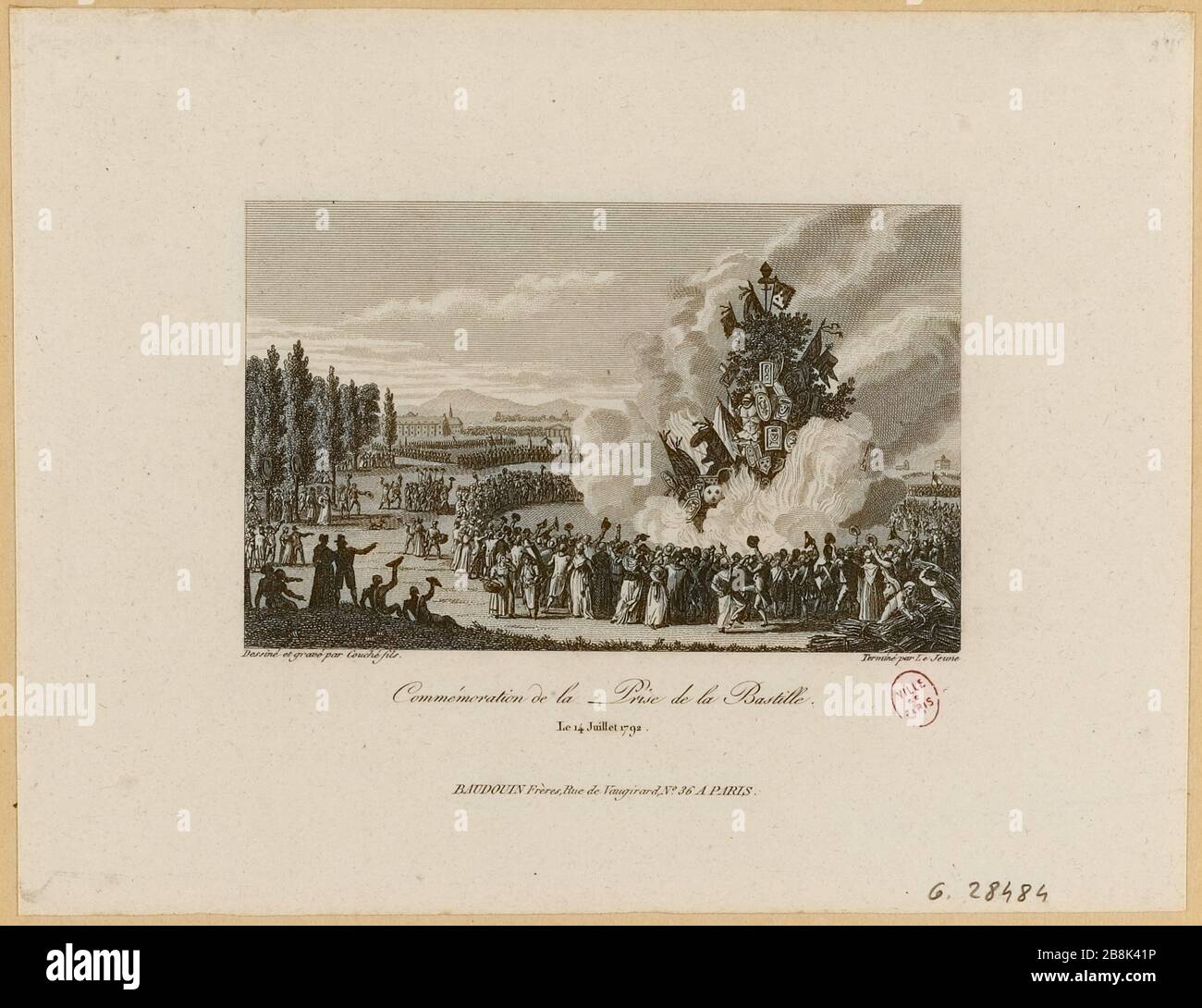 Rivoluzione francese: Terza festa della Federazione a Champ de Mars. La gente balla intorno all'albero di famiglia sul fuoco. 14 luglio 1792 7° distretto. (Titolo fittizio) Foto Stock