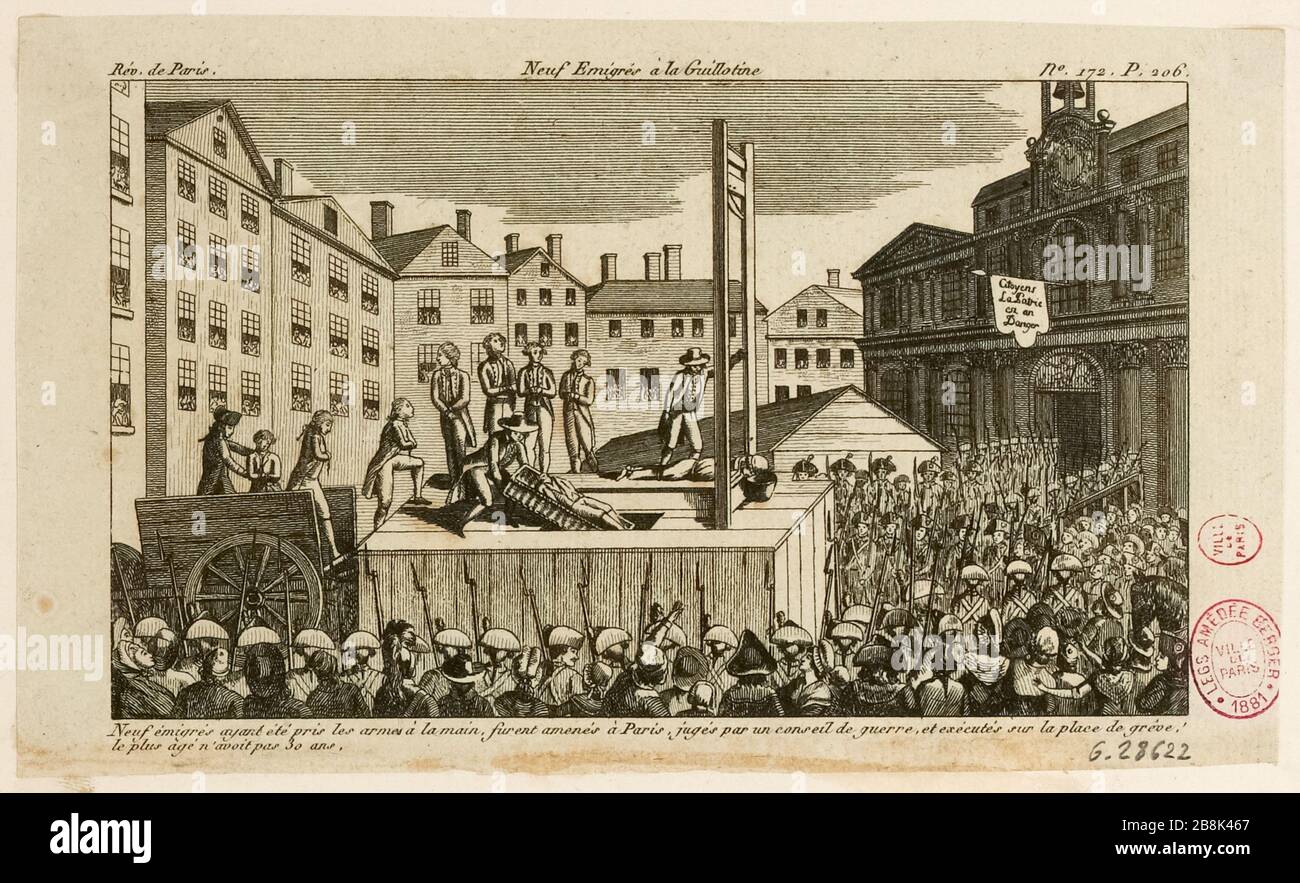 Esecuzione con la ghigliottina 9 emigranti, Place de Greve, attuale Place Hotel de Ville, 4 ° distretto. Print Nº172, pag. 206 Journal of Revolutions of Paris, dal 22-29 ottobre 1792. (TF) Foto Stock