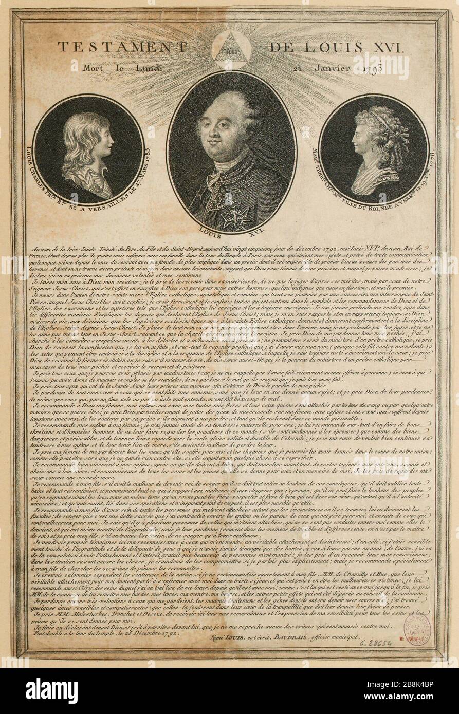 Rivoluzione francese. Testamento di Luigi XVI decorato con ritratti del Delfino, Madame Royale e del re, lettera del 25 dicembre 1792. (titolo fittizio) Foto Stock