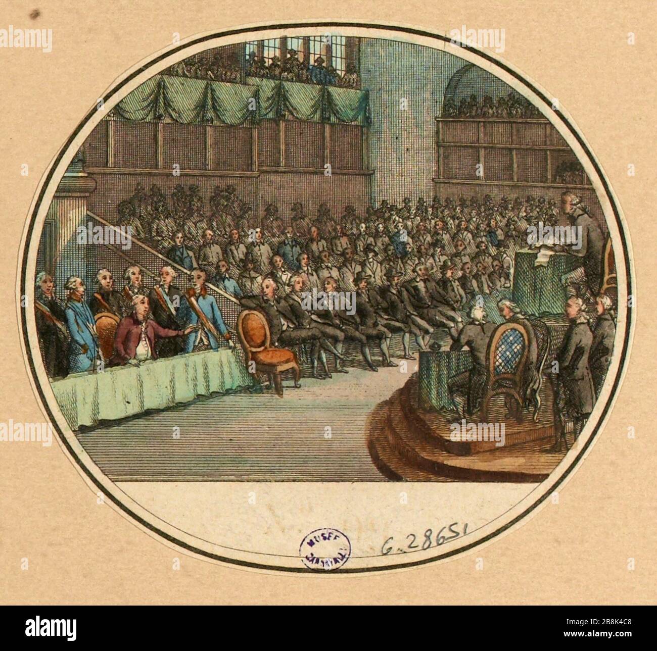 Processo di Luigi XVI all'Assemblea della Convenzione Nazionale, Manege del Palazzo delle Tuileries, 11 dicembre 1792. 99a tavola, piatto 7 dalla Galleria o tabelle storiche degli eventi della Rivoluzione Francese (1795-1799). (Titolo fittizio) Foto Stock
