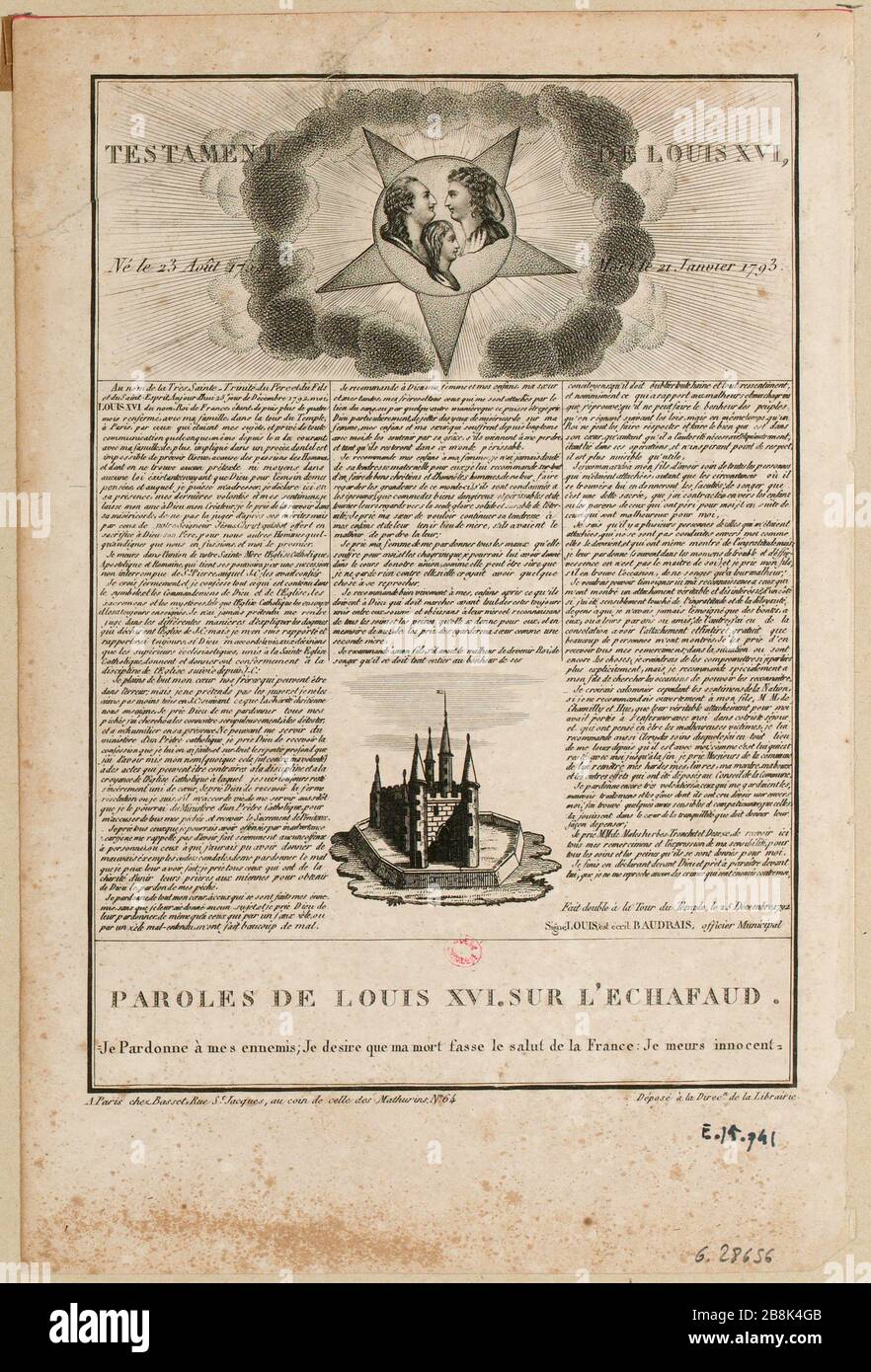 Rivoluzione francese. Il Testamento di Luigi XVI decorò il ritratto del medaglione del re della Regina e del Delfino su una stella, poi la prigione del Tempio, lettera del 25 dicembre 1792. (titolo fittizio) Foto Stock