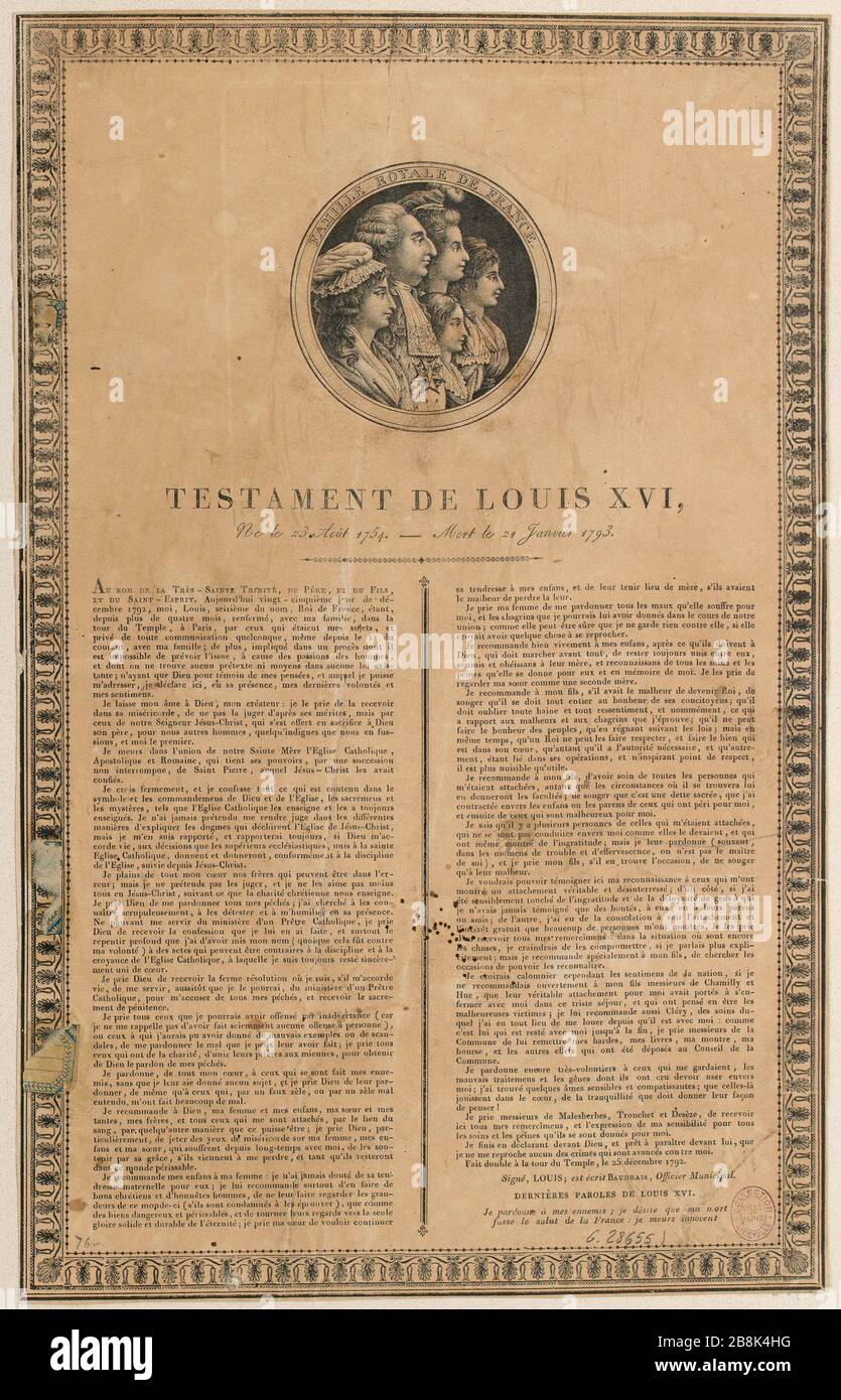 Rivoluzione francese. Testamento di Luigi XVI decorato con il medaglione ritratto della famiglia reale, lettera del 25 dicembre 1792. (titolo fittizio) Foto Stock