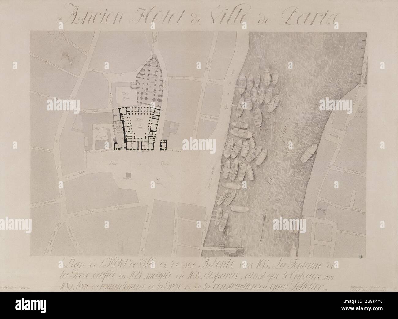 VECCHIO MUNICIPIO DI PARIGI - PIANO DESLANDES. "Ancien Hôtel de Ville de Paris - Plan de l'Hôtel de Ville et de ses abords vers 1653". Parigi, musée Carnavalet. Foto Stock