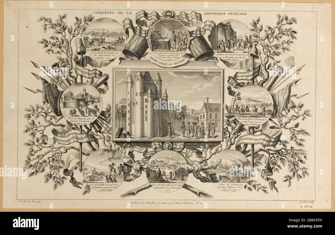 Rivoluzione francese: Luigi XVI e la famiglia reale nel Tempio e le vittorie della Repubblica francese nel 1792. 4° distretto (titolo fittizio). Foto Stock