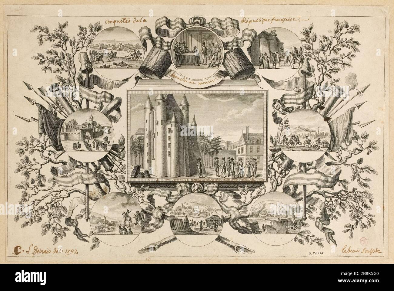 Rivoluzione francese: Luigi XVI e la famiglia reale nel Tempio e le vittorie della Repubblica francese nel 1792. 4° distretto (titolo fittizio). Foto Stock