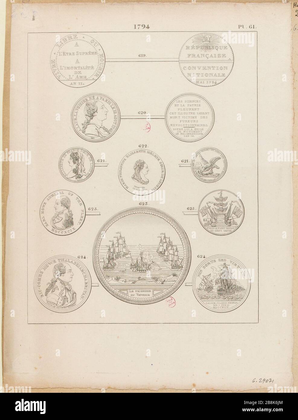 Riproduzione di 5 medaglie, repoussé e Repubblicani sparato, nº619-624 (destra e indietro) colpito nel 1794 (anno II) pl. 61 della storia numismatica della Rivoluzione francese (...) Sig. Hennin, Paris 1826, 2 vol. (Titolo fittizio) Foto Stock