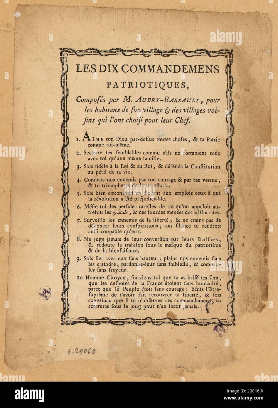 I dieci Comandamenti della Dichiarazione dei diritti dell'uomo, composta dal Sindaco Aubry-Bassalto per i cittadini del suo villaggio. 1792. (TF) Foto Stock