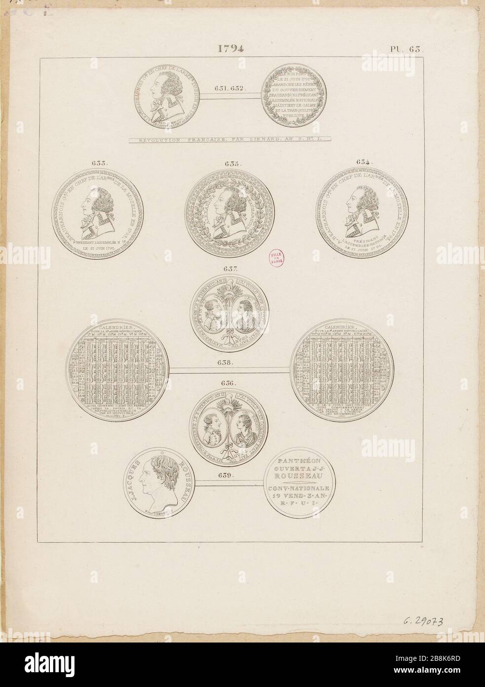 Riproduzione di 4 medaglie, 3 colpi e spinta repubblicani nº631-639 (destra e schiena) colpito nel 1794. PL. 63 della storia numismatica della Rivoluzione francese (...) Sig. Hennin, Parigi, 1826 t.2. (TF) Foto Stock