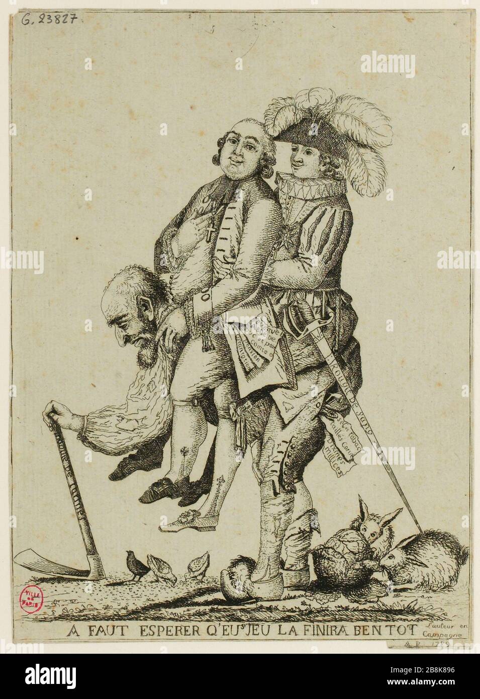 Rivoluzione francese. Vecchio regime. Cartoon sui tre ordini: Il terzo Stato che porta le spalle il Clero e la nobiltà. 1789. (TF) Foto Stock