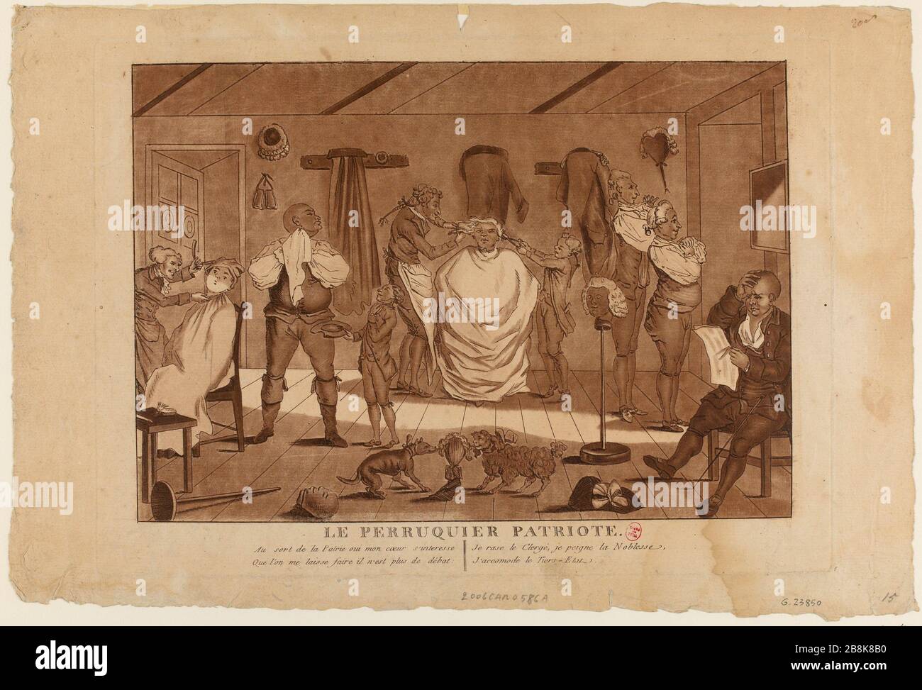 Cartoon su tre ordini uguali, nobiltà, clero e terzo legno barbiere taglio. Rivoluzione francese, 1789. (TF) Foto Stock