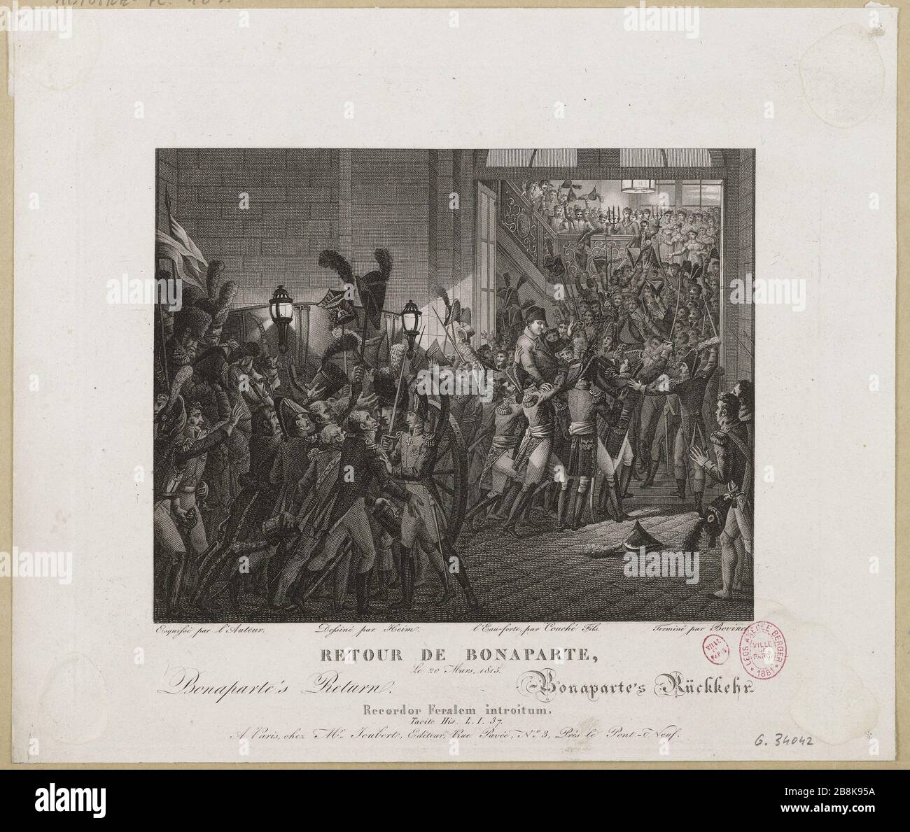 Indietro Bonaparte, 20 marzo 1815 Edme Bovinet (1767-1832). Retour de Bonaparte, le 20 Mars 1815. Eau-forte, burin. Parigi, musée Carnavalet. Foto Stock