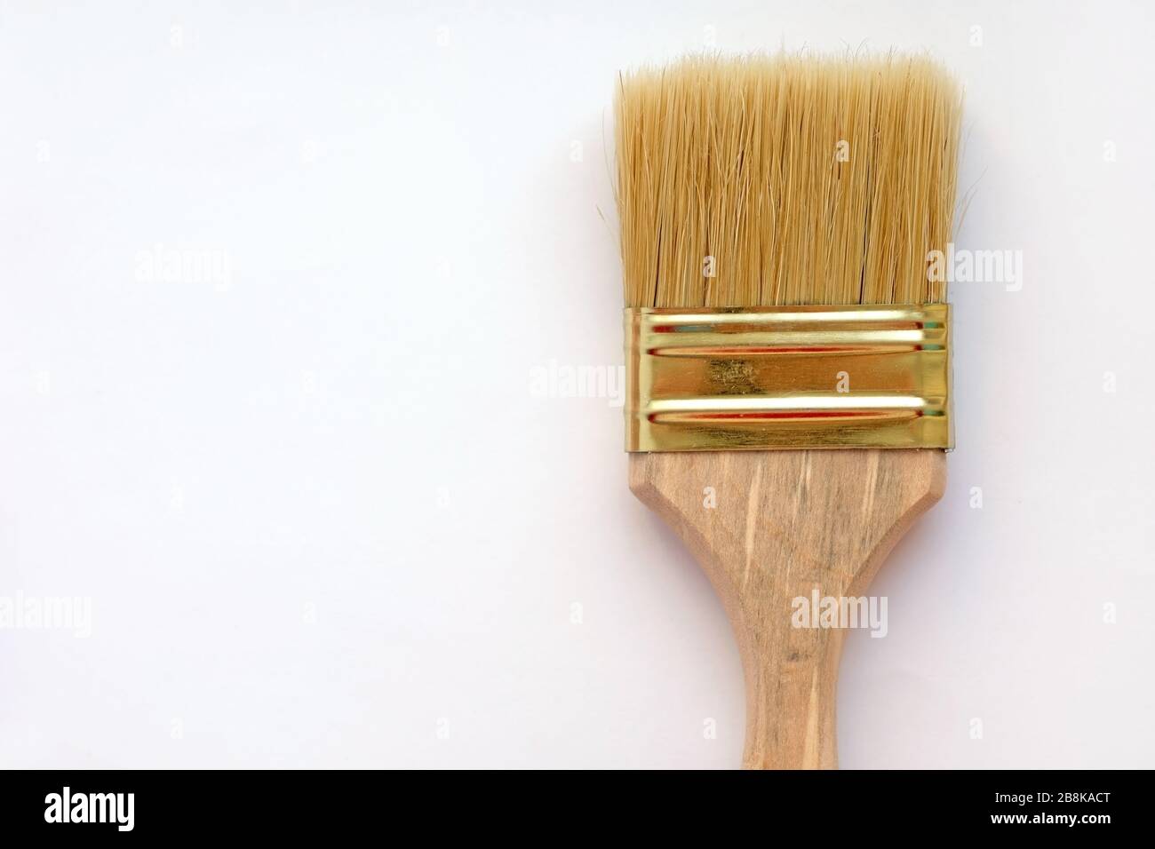 Pennello con pelo naturale. Strumenti di pittura su sfondo bianco vista dall'alto. Pennello con manico in legno. Foto Stock