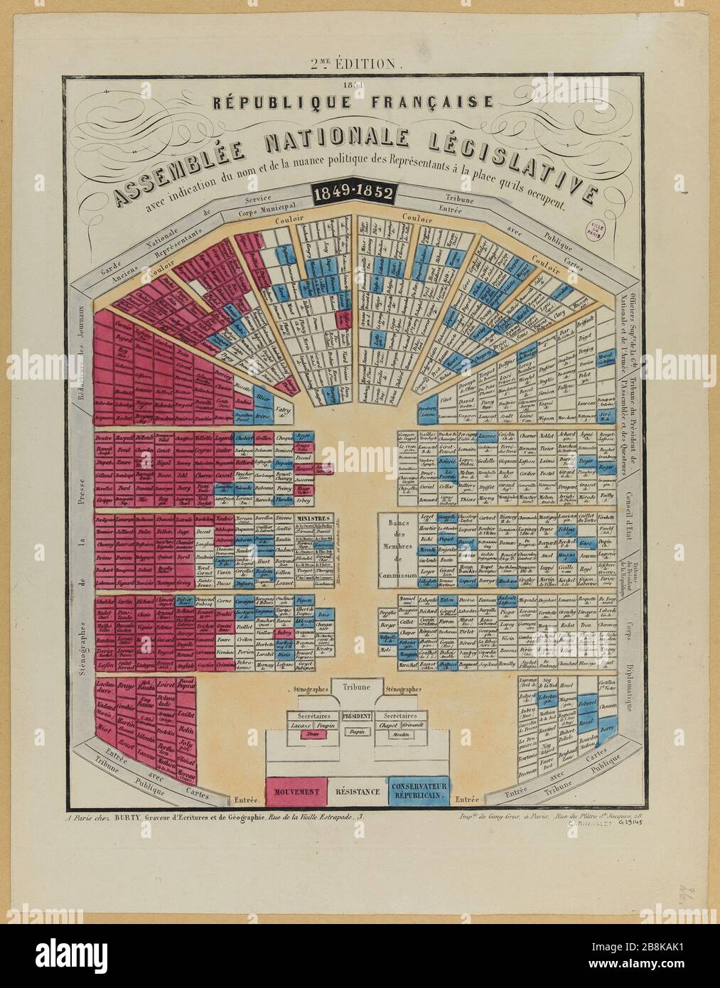 Assemblea legislativa Nazionale 1849-1852 con al loro posto il nome e i rappresentanti politici (V.. Hugo in rosso) Burty. «Assemblée nationale législative 1849-1852 avec indication du nom et de la nuance politique des représentants à la place qu'ils occupent (V. Hugo en rouge)'. Eau-forte. Parigi, musée Carnavalet. Foto Stock