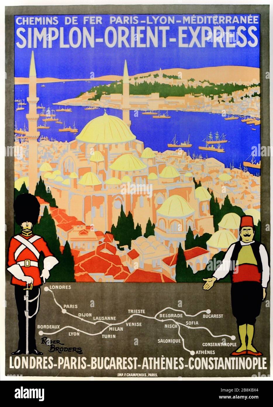 Simplon Orient Express Vintage o Old PLM Pubblicità per treno Orient Express da Londra via Parigi, Bucarest e Atene a Costantinopoli o Istanbul Turchia con immagine dello stretto del Bosforo, del Corno d'Oro e della Moschea. Poster vintage o illustrazione di Roger Borders dall'inizio c Foto Stock