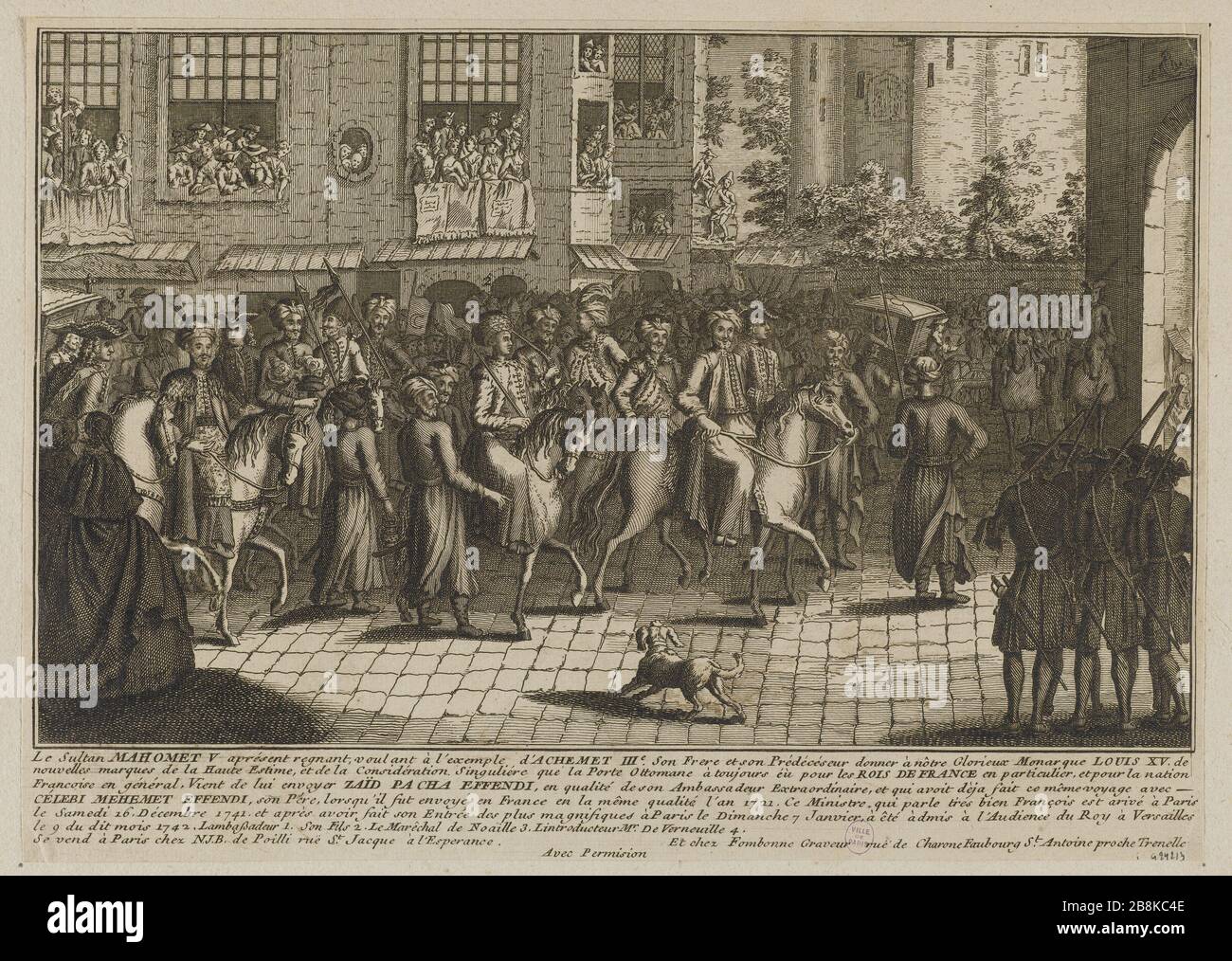 L'ambasciatore ottomano in visita a Parigi nel 1742 'l'ambasciatore ottoman en visite à Paris en 1742'. Chez Fonbonne graveur/Chez N.J.B de Poilli. Eau-forte. Parigi, musée Carnavalet. Foto Stock