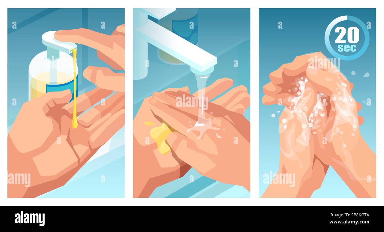 Illustrazione educativa di come usare l'igienizzatore per le mani come lavare correttamente le mani Illustrazione Vettoriale