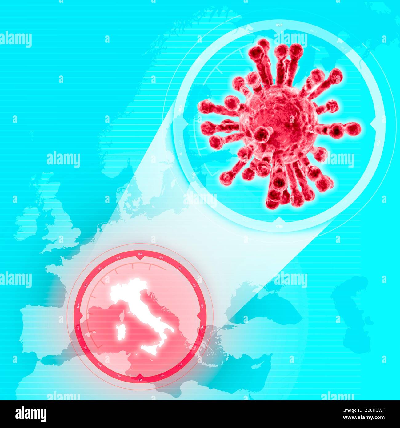 Mappa Italia coronavirus, mappa europea con l'Italia evidenziata. Diffusione Covid-19. Propagazione dell'infezione virale. Pandemia mondiale. Foto Stock