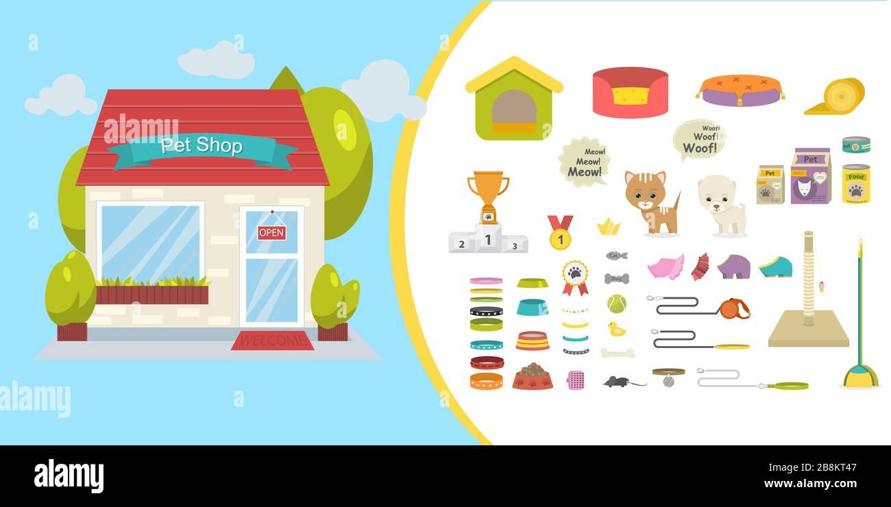 Set di illustrazioni per negozi di animali domestici con accessori per animali, giocattolo, cibo, articoli per la salute.PET story.Magazine Illustrazione Vettoriale