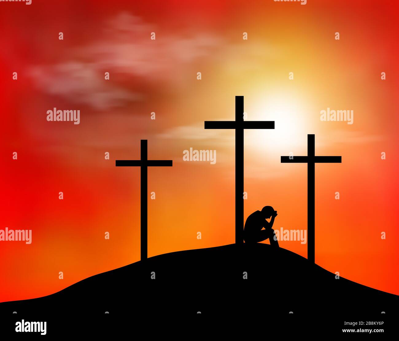 Un uomo è seduto vicino alla croce. Tre croci si trovano su una collina. Cielo, nuvole, tramonto. Il concetto di tristezza e speranza. Religione. Illustrazione Vettoriale